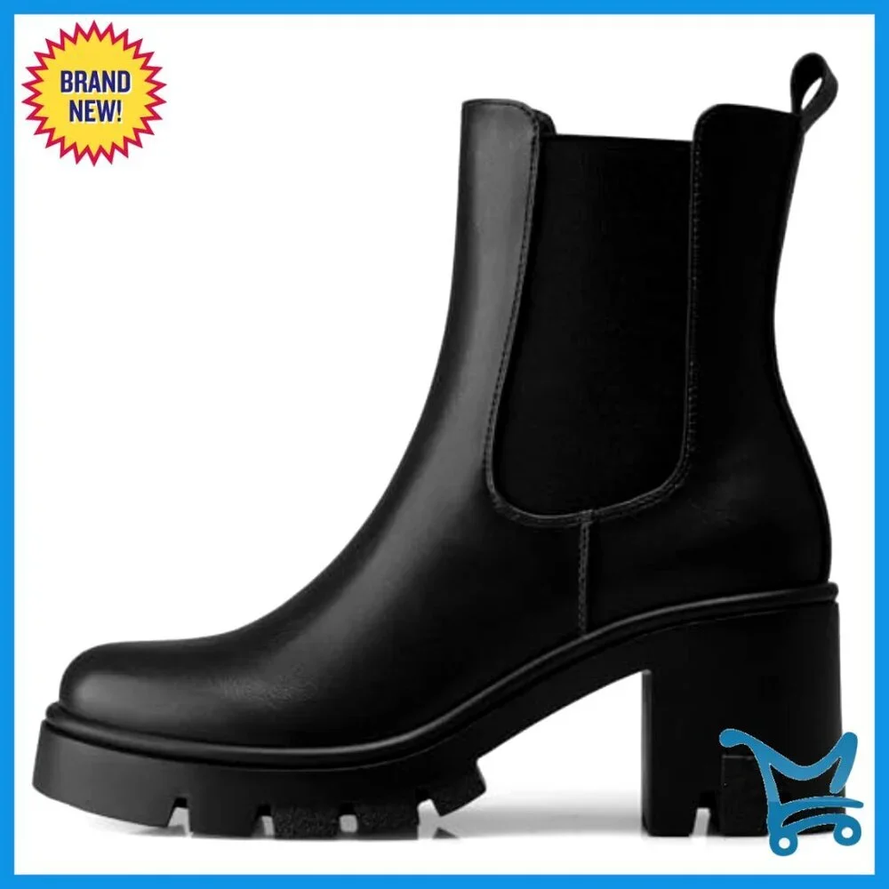 Chunky Heel Chelsea Ankle Boots, Waterproof PU Leather, Side Zipper Closure